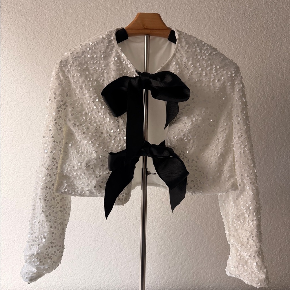 Festive White Sequin Bolero with Black like Satin Bows✨